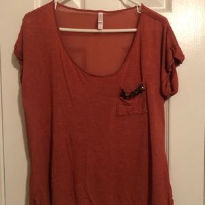 JEWELED POCKET TEE WITH SLIGHTLY SHEER BACK HIGHLO